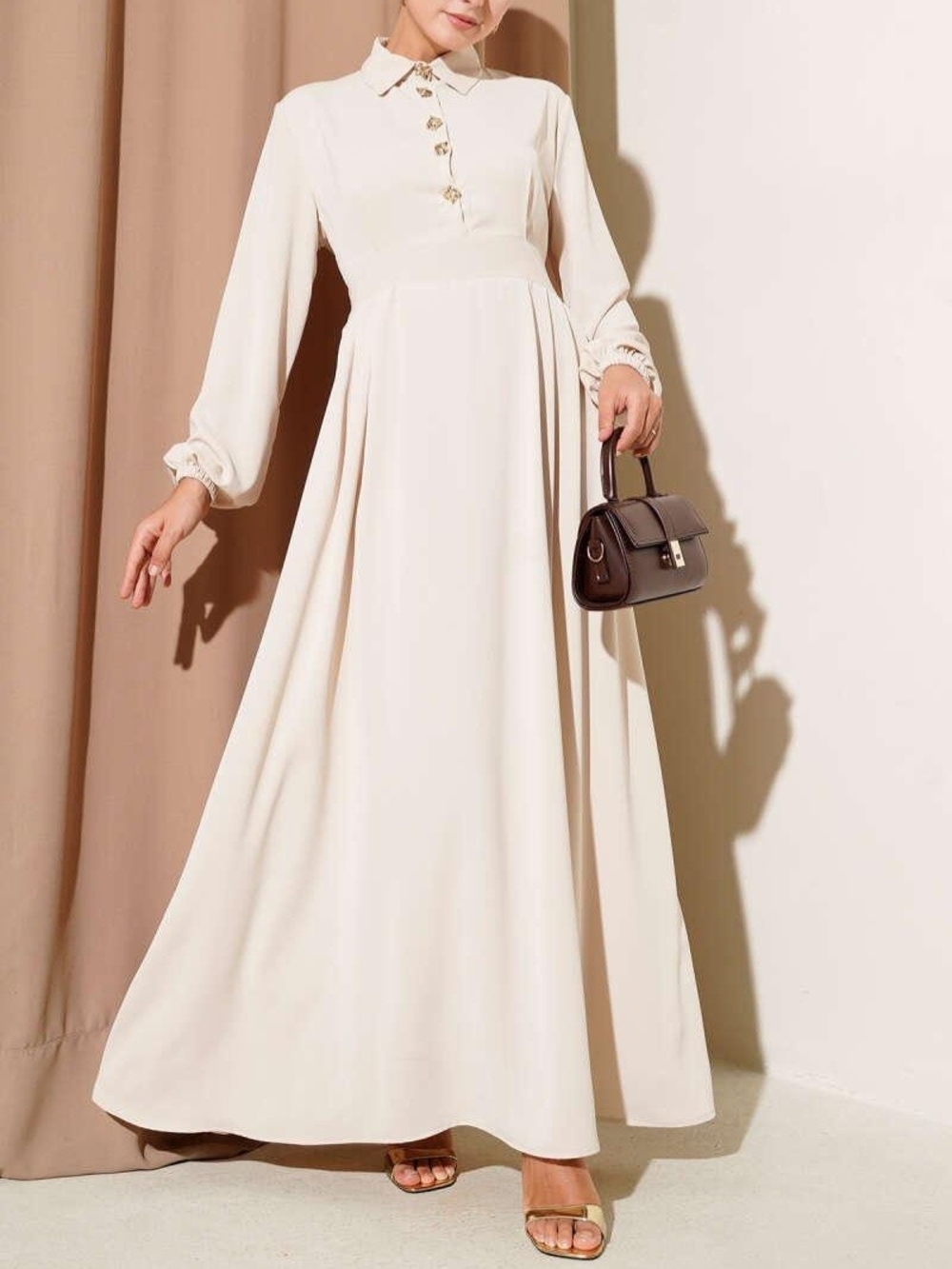 Modest Gold Button Belted Maxi Dress Beige L/XL Elegant